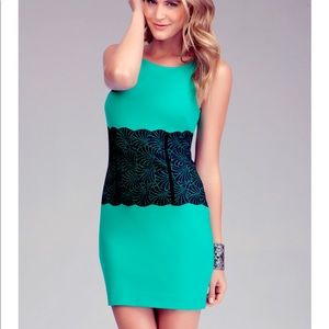 bebe Lace Ponte Dress Emerald Green w/ Black Lace